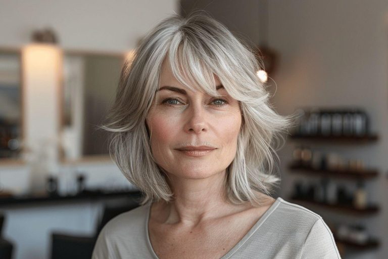 Coupe cheveux mi long dégradé effilé avec frange 60 ans